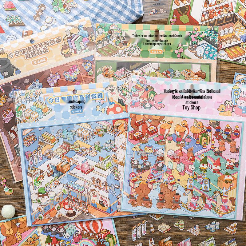 Paper-like Miniature Landscape PET Stickers - 3 Large Sheets for Journal Decoration