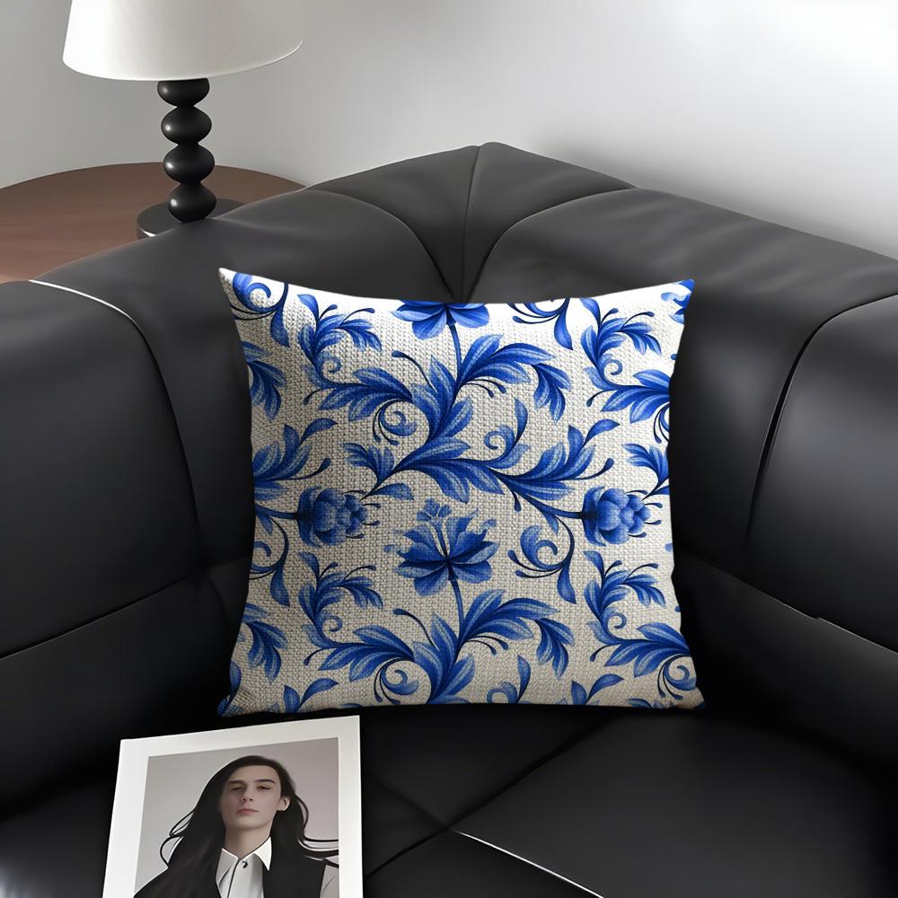 Blue Pattern Hot Cushion Cover Natural Linen Organic Fabric DoubleSided Printing Sofa Home Decor Gift Pillow Case