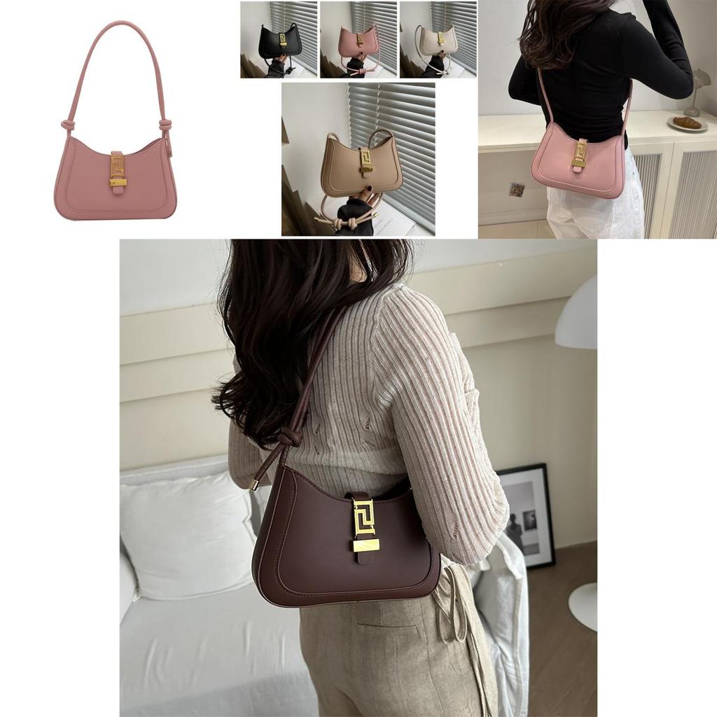 Stylish Large Capacity French Commuter Shoulder Bag With Lock Closure For Women In White Black Pink Khaki Brown