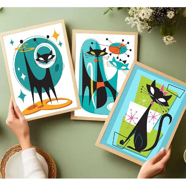 3pcs Funny Abstract Cat Canvas Wall Art Whimsical Futuristic Atomic Cats Posters Prints Modern Medieval Geometry Wall Decor Pictures for Living Room