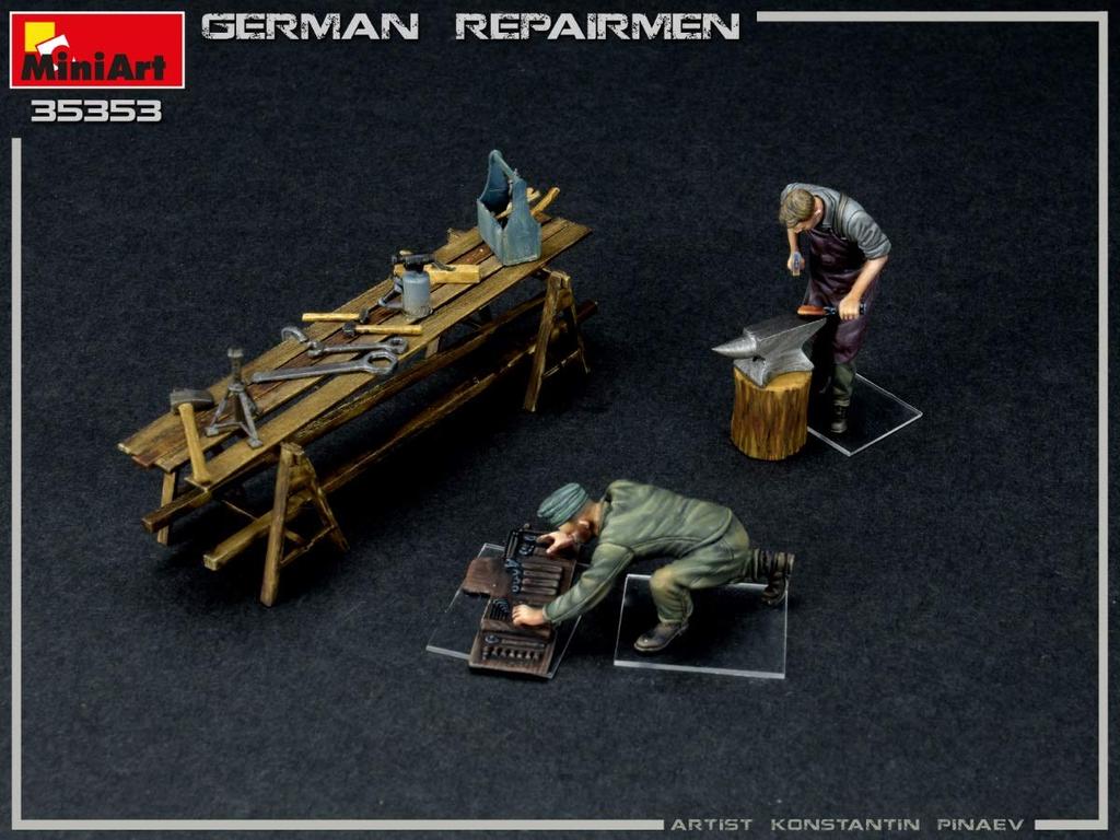 Miniart 1/35 Maßstab Deutscher Reparaturmann (2er Set) mit Werkbank und Werkzeugen, Kunststoffmodellbausatz MA35353