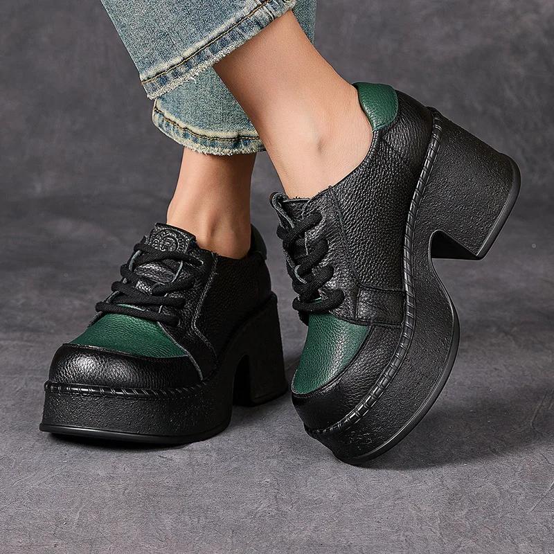 Fashion New Retro 7cm High Heels Women Shoes Flat Platform Thick Heels Shoes Mixed Colors Genuine Leather 2025 Luxury Lace Up Shoes