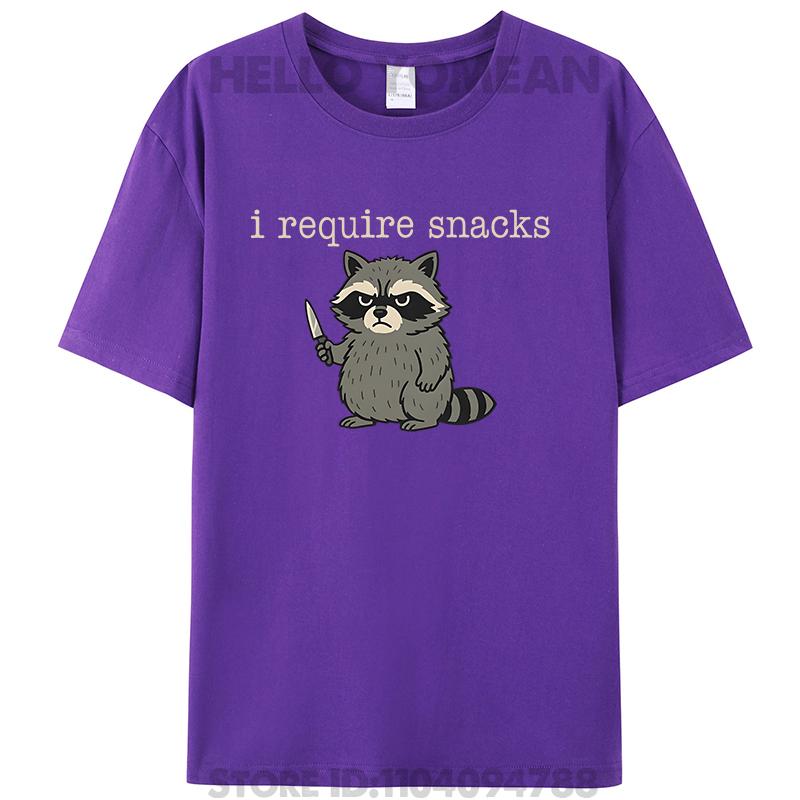 Funny Humor I Require Snacks Raccoon With Knife Meme Women Men's Cotton T-Shirt Tee Shirts Tops