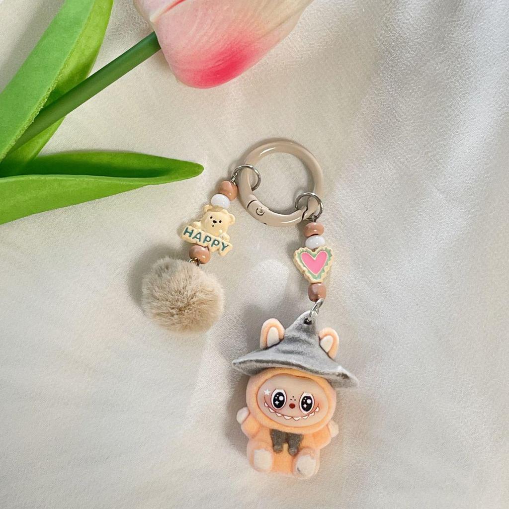 Flocking Labubu Doll Keychain - Cute 3-Year-Old Grain Doll DIY Mobile Phone Jewelry Accessory