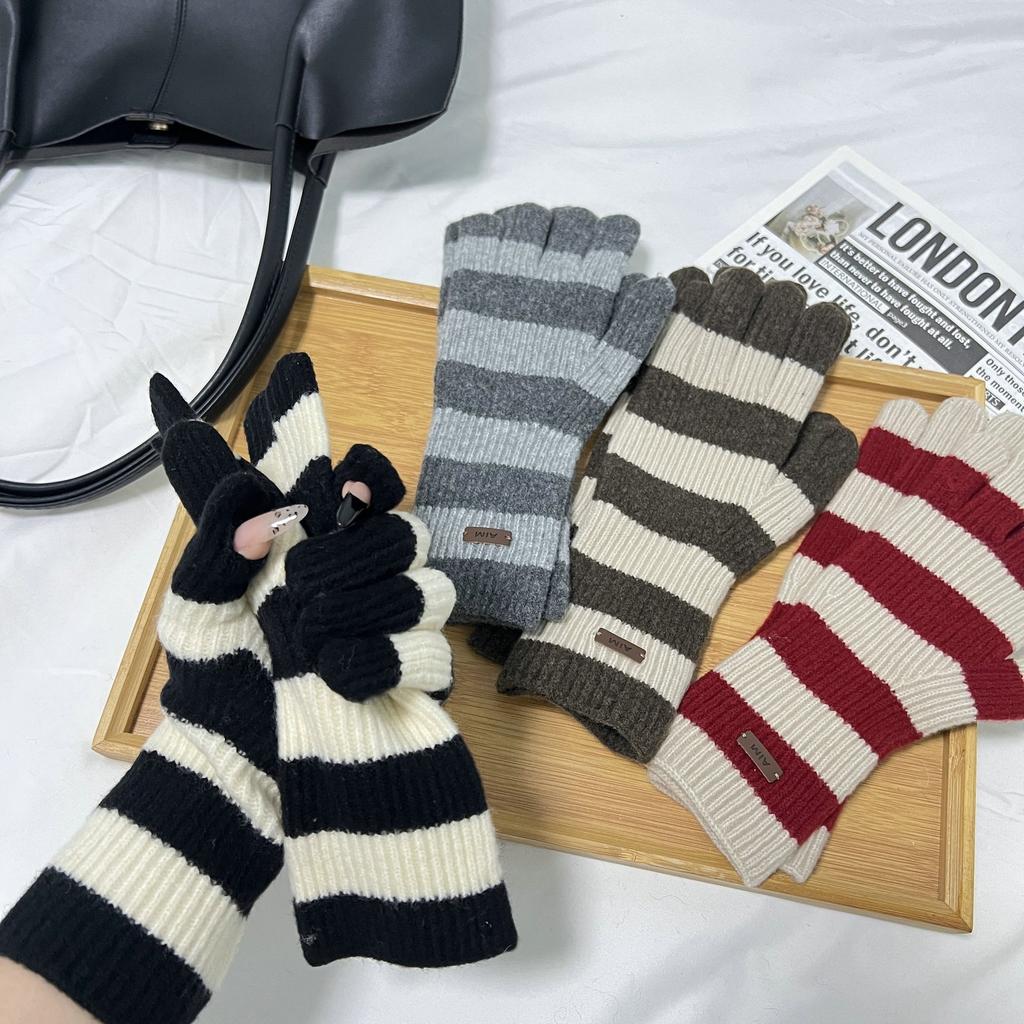 Wool Vintage Striped Long Finger Gloves with Autumn and Winter New Warm Wrist Protection for Women