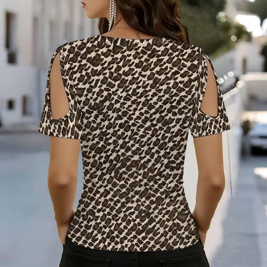 Women V Neck Cold Shoulder Blouse Dark Brown Dense Leopard Print Short Sleeve Top