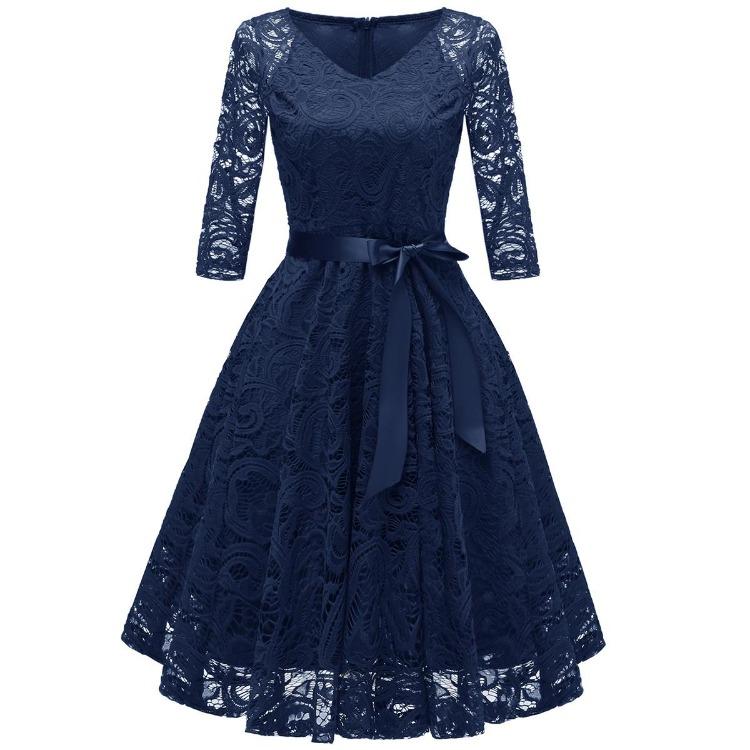 Vintage Floral Lace Bridesmaid Dress 3 4 Sleeve A Line with Ribbon Belt Tea Length Cocktail Party Evening Occasion Outfit Day Wear