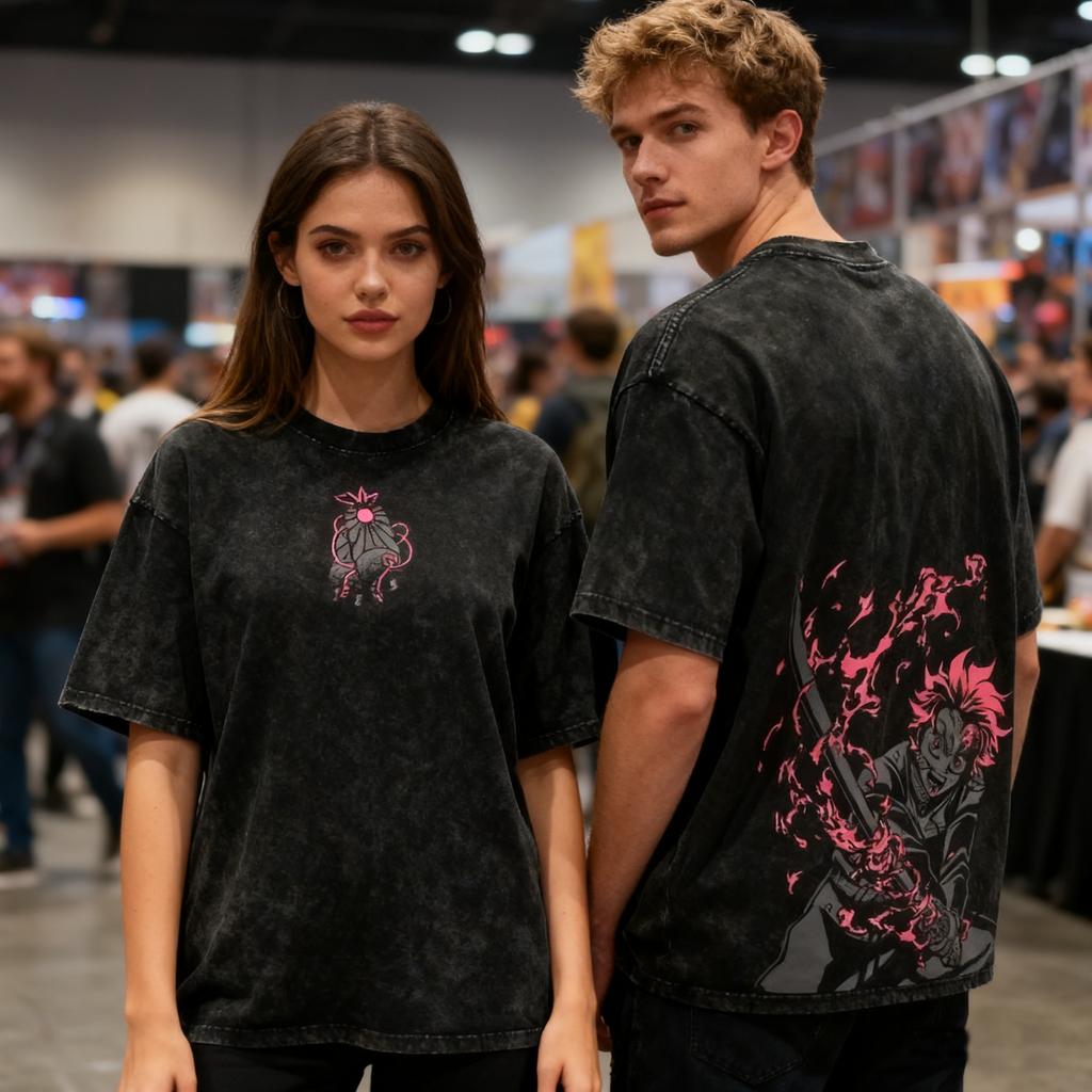  Manga Demon Slayer Tanjirou Graphic T-shirt Vintage Washed Oversized T Shirt Men Women Clothing Summer Cotton Short Sleeve Tees Female Male Clothing 