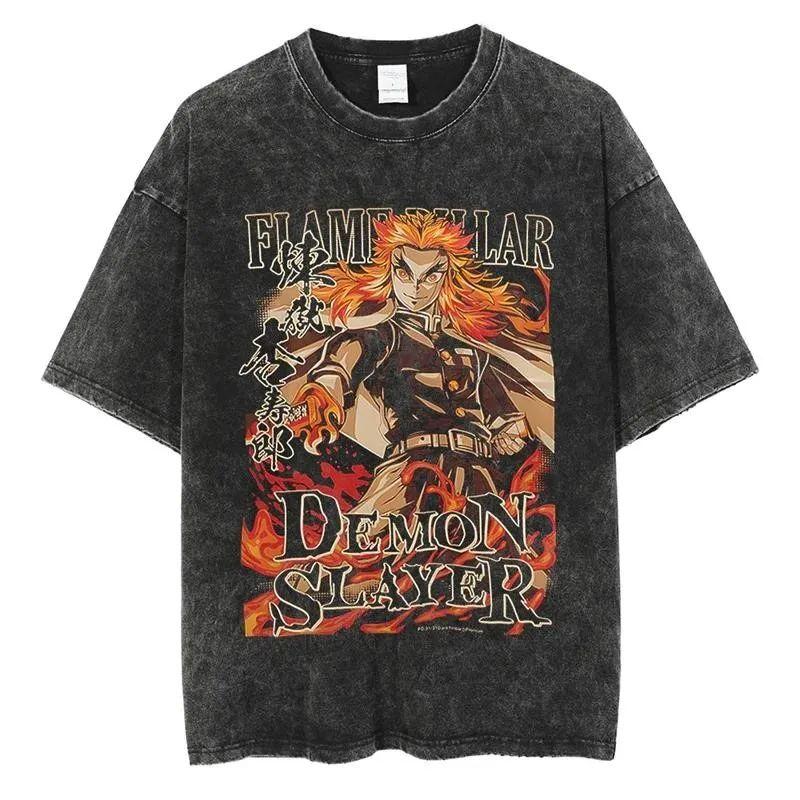 Anime Demon Slayer Rengoku Kyoujurou Printed T Shirt Men Women Manga Tshirts Vintage Washed T-Shirt Harajuku Manga Cotton Tops Female Male Clothing