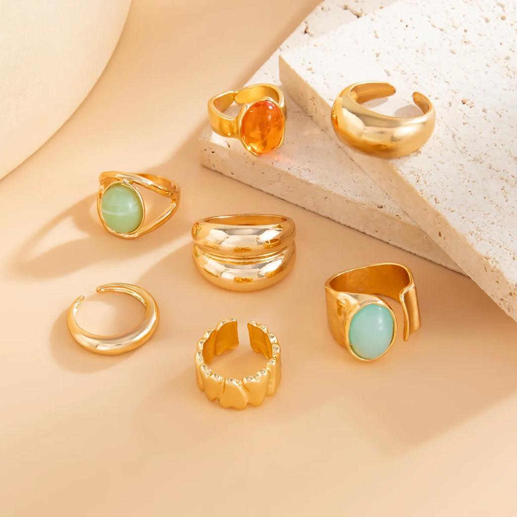 7Pcs/Set Elegant Vintage Colorful Rhinestone Luxury Irregular Rings Set for Women Bohemian Adjustable Ring 2025 New Jewelry