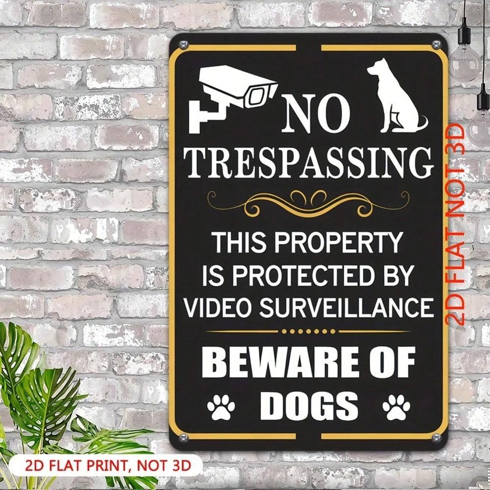 1pc Vintage Metal No Trespassing Sign, Beware of Dog & Cameras Alert, 8x12 Inch Rustic Deterrent Plate for Fence