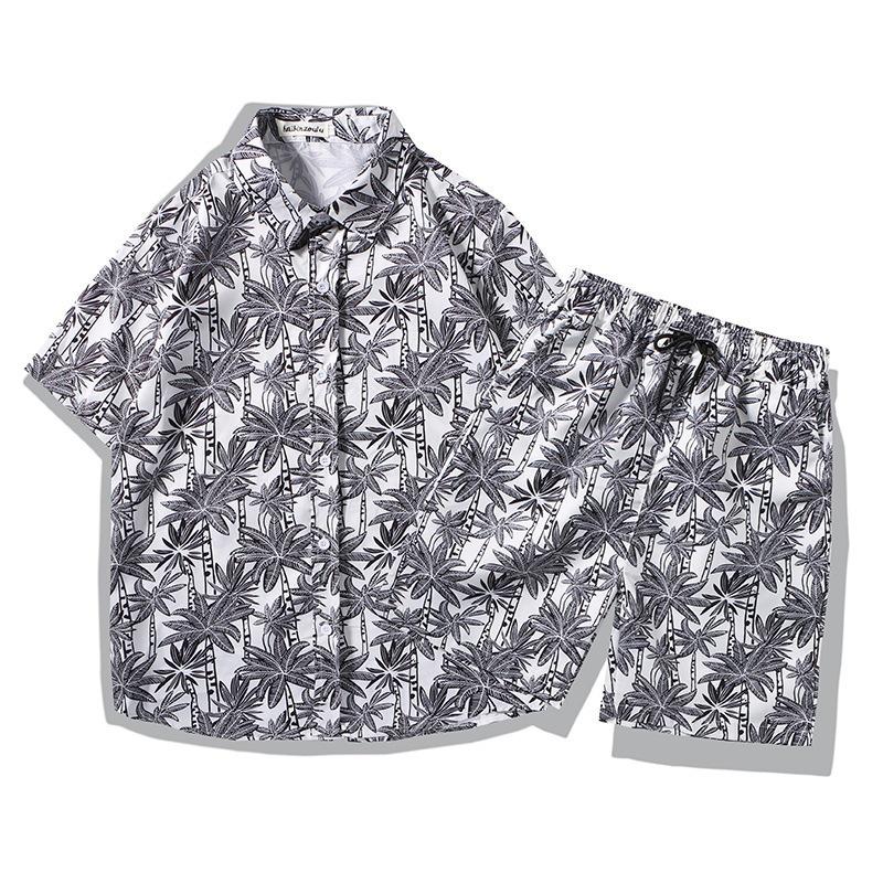 Men's Retro Floral Short-Sleeve Shirt & Beach Shorts Set for Seaside Vacations