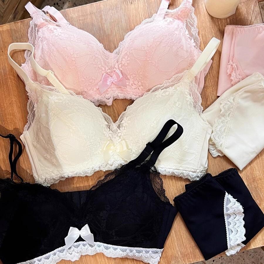 Französische Spitze Push-Up BH Set: Bügellos, Verstellbar, Seitenhalt, Anti-Durchhängen, Perfekt für kleine Brüste