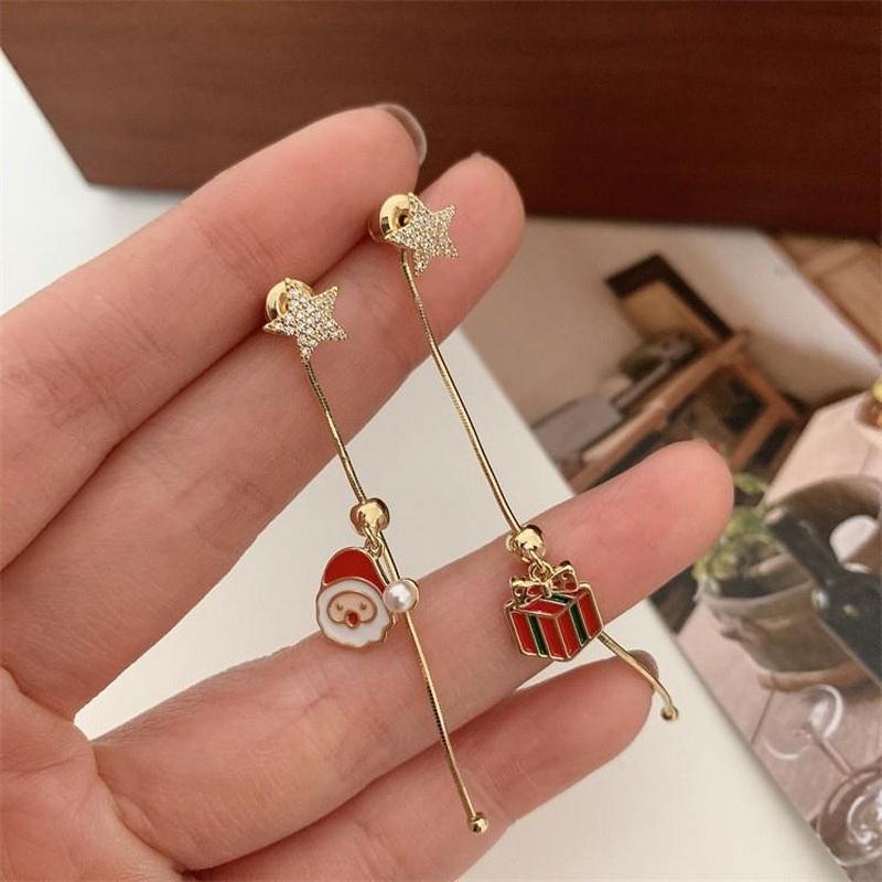 Climbing Santa Claus Tassel Stud Earrings for Women Sweet Star Christmas Tree Asymmetric Earring New Year Jewelry Gift