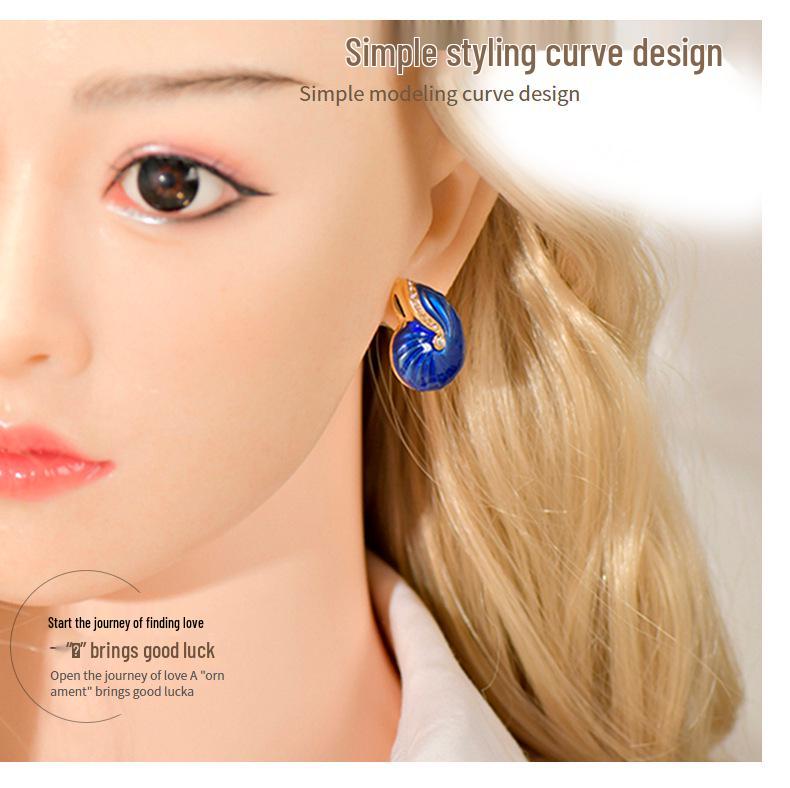 Antique Blue Enamel Conch Earrings In Oil Painting Style - Chinese Retro Inspired Fashion Jewelry