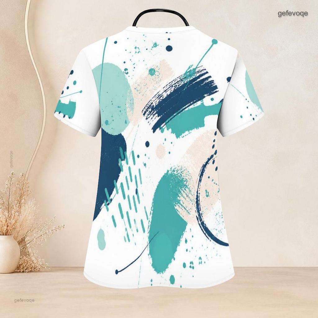 Women Plus Size Abstract Printed Nurse Scrub Top V Neck Short Sleeve With Front Pockets
