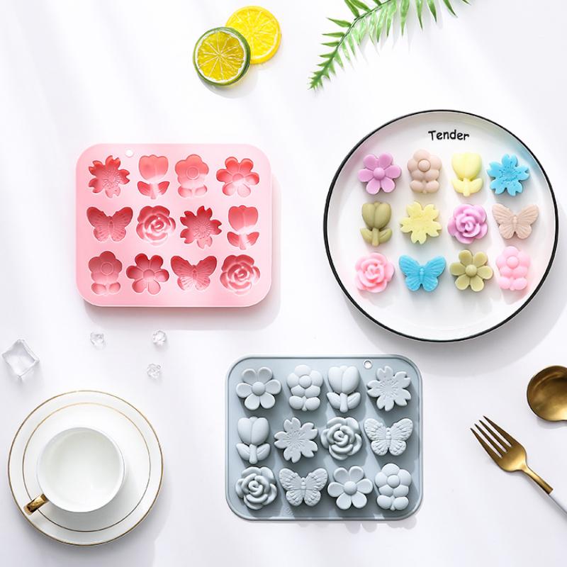 1Pc 12-Flower Butterfly Shape Silicone Mold for Cake Chocolate Ice Grid Epoxy Baking Accessories Kitchen Tools