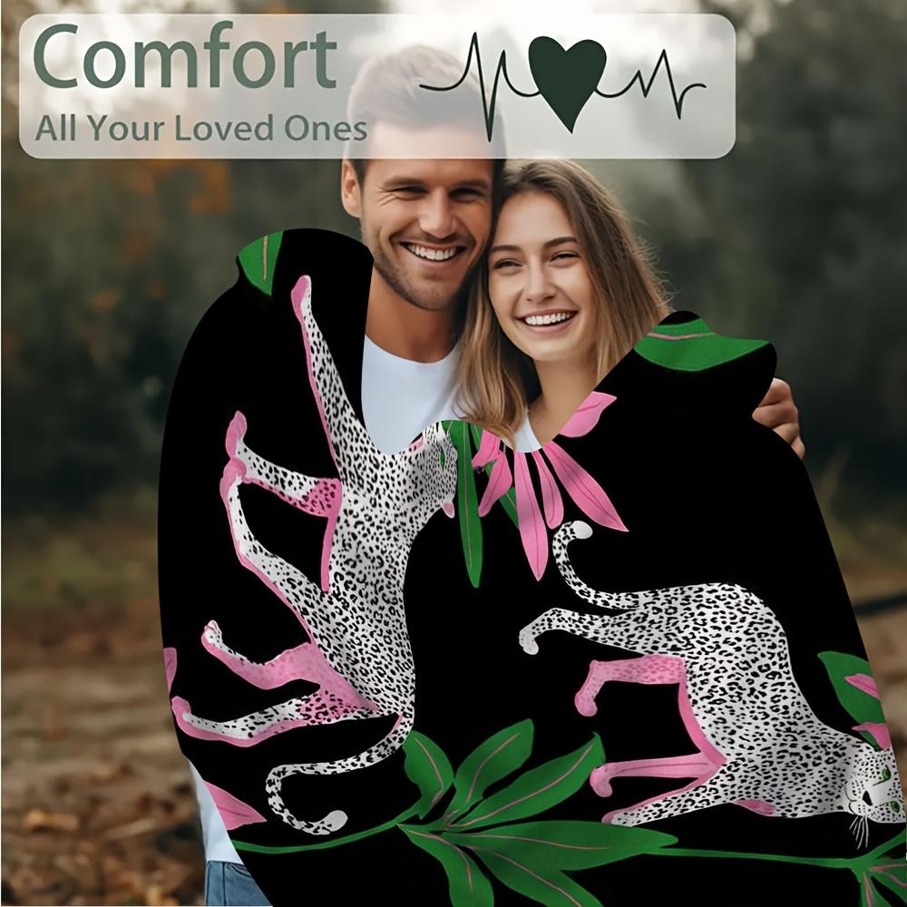 1pc Extra Large Soft Blanket - Leopard Print in Pink, Green & Black - Heavy-Duty Over 100-Yarns Construction - All-Season Couch