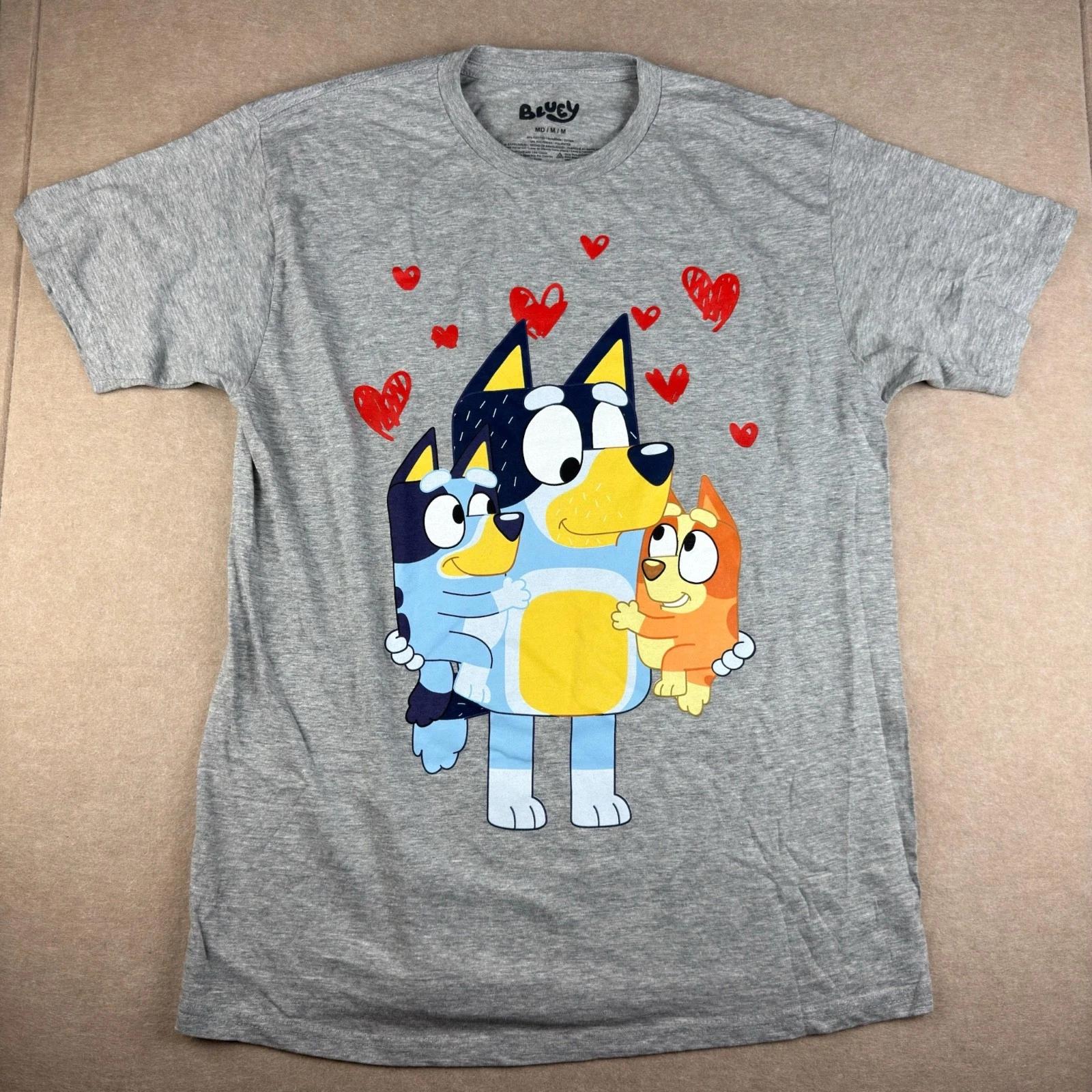 Bluey T-Shirt Unisex Medium Gray Cartoon Family Hearts Graphic Tee S