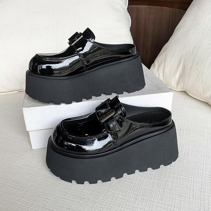 2025 spring and autumn new one-pedal slippers small man height increase black British style platform shoes trendy versatile small leather shoes
