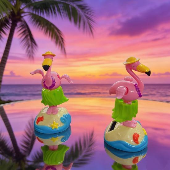Cute Flamingo Solar Car Ornament Plastic Dashboard Decor with Automatic Swing Hawaiian Grass Skirt Design Car Desk Seaside Decoration Novelty Gift