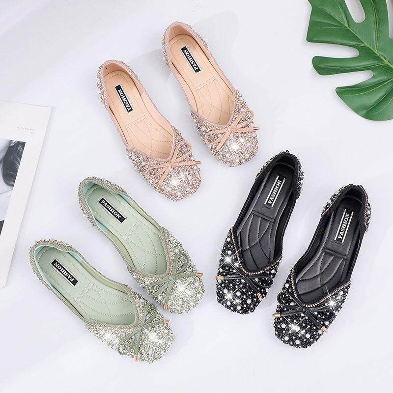Single Shoes Women's Rhinestones 2025 Summer-autumn Korean Version of Internet Celebrity Bow Pumps Pearl Sleeves Flat Granny Shoes