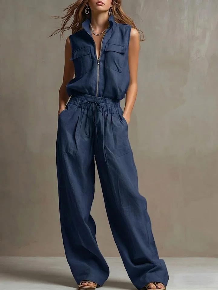 Women Sleeveless Stand Collar Front Zipper Pocket Drawstring Waist Wide Leg Set