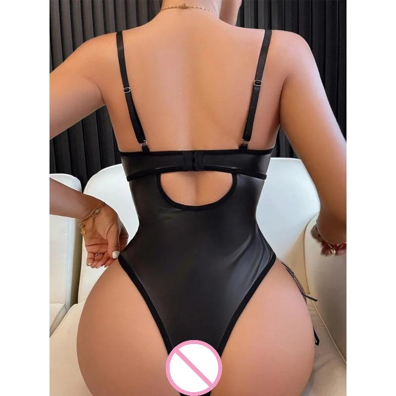 Black Lace Leather Bodysuits Womens Sexy Lingerie Set Fishnet Patchwork See Through One Pieces Teddies Lace Up Tops Erotic Suits