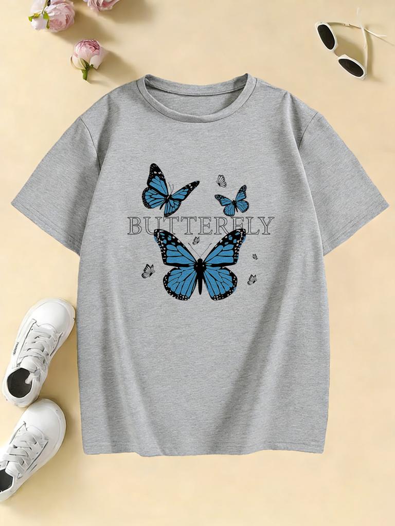 Girls Blue Butterfly Fashion Design T Shirts Kids Childrens Tshirt Boys Girls Summer Spring Casual Top Tee