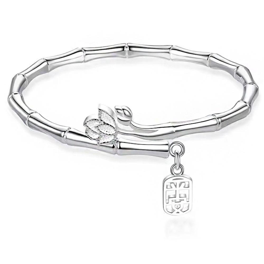 Temperament 925 Sterling Silver Plated Lucky Peace Pendant Bamboo Joint Lotus Open Bangles for Women Good Meaning Jewelry Gifts
