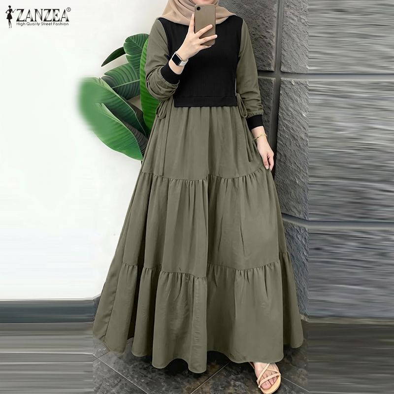 ZANZEA Women Casual Round Neck Long Sleeve Loose Patchwork Long Dress