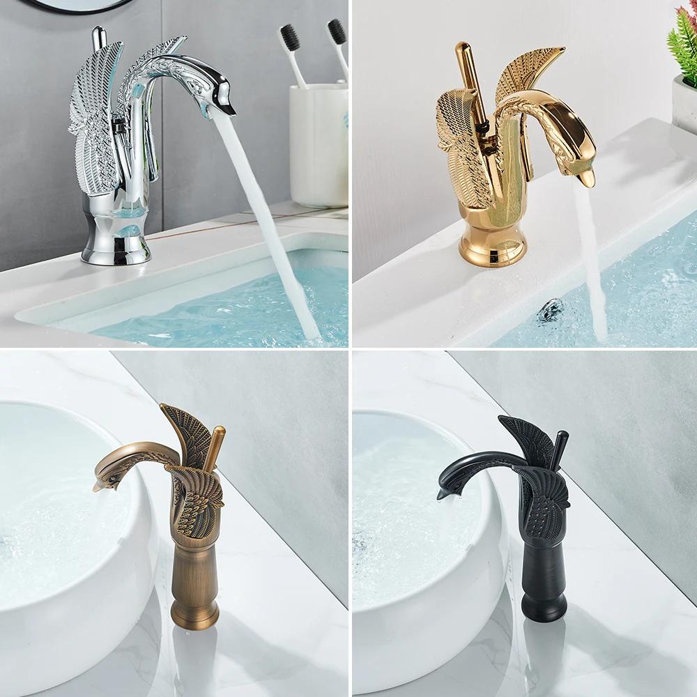 Uythner Luxury Swan Bath Basin Brass Faucet Cold and Hot Water Mixer Taps Black /Gold/Antique Bathroom Washbasin Crane