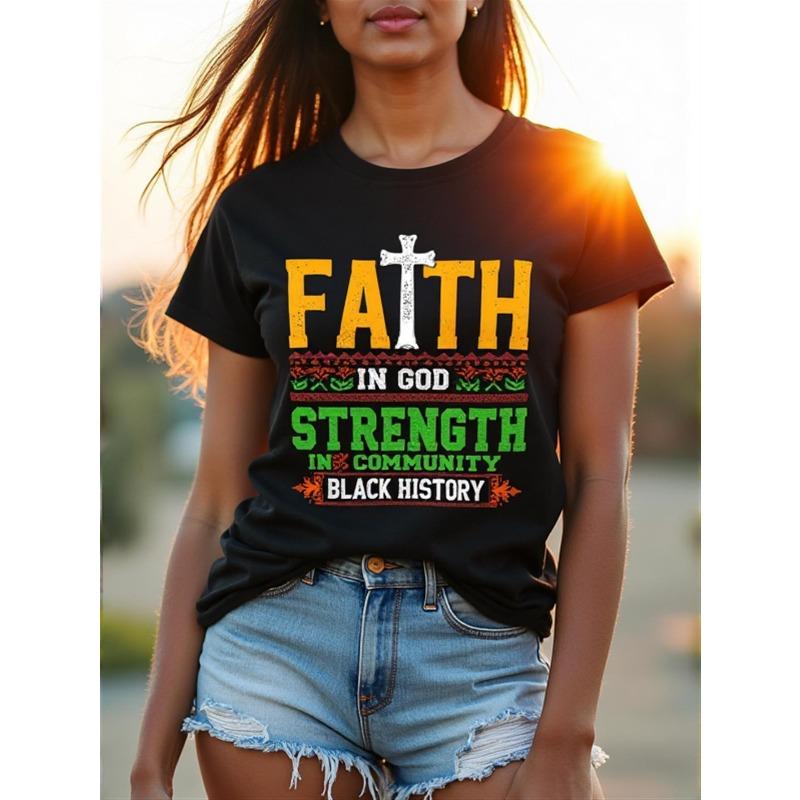 

European Size Women S Black T-Shirt | FAITH IN GOD Strength IN COMMUNITY Black HISTORY Verse Print with Cross & African Heritage Symbols, Round Neck 4XL чорний