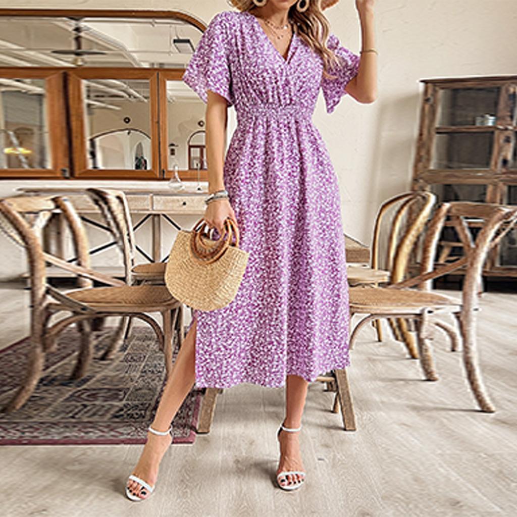 Women's V-neck High Waist A-line Floral Print Dress