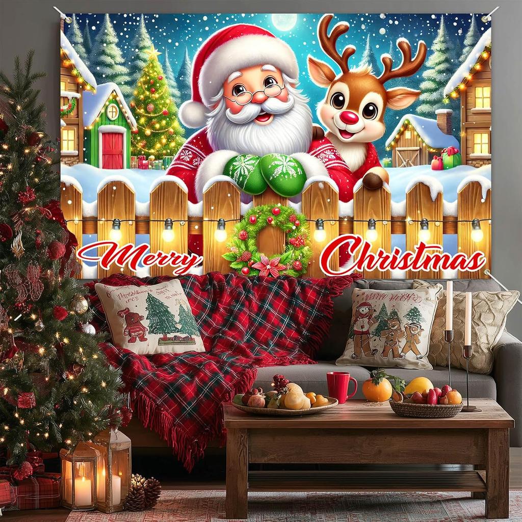 Santa Claus reindeer and Christmas tree background banner winter holiday photo backdrop for seasonal parties wall decoration