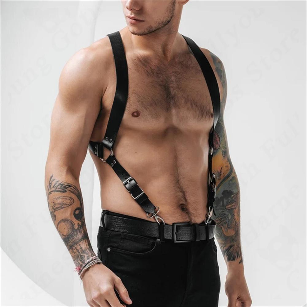 Men Harness Belts Fetish Gay Clothing for Sex Rave Sexual PULeather Chest Adjustable  Gay Body Bondage Cage Harness Lingerie