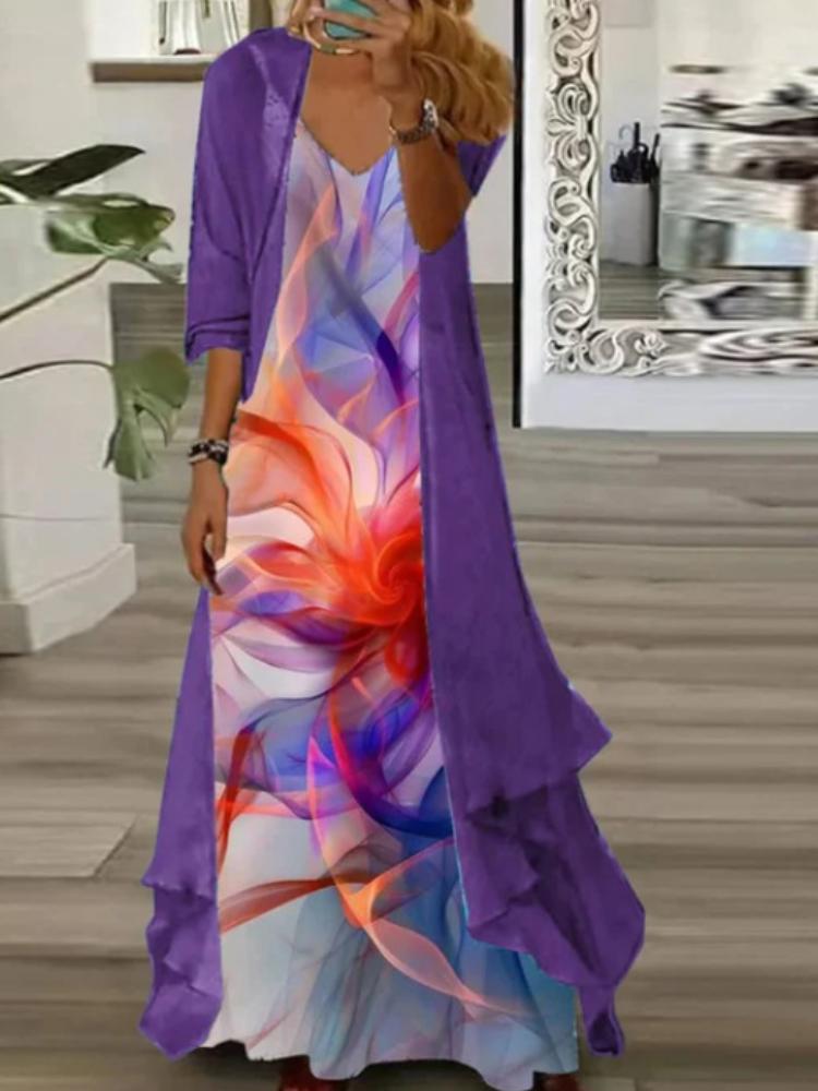 

Элегантное макси-платье с цветочным принтом и бабочками, с длинным кардиганом, женское платье в стиле бохо-шик, повседневное летнее платье 4XL