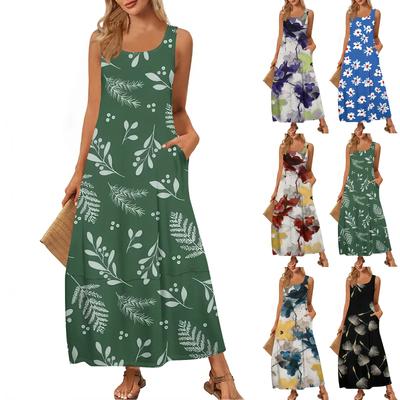 Damska codzienna sukienka letnia plażowa do ziemi z okrągłym dekoltem bez rękawów luźna z nadrukiem