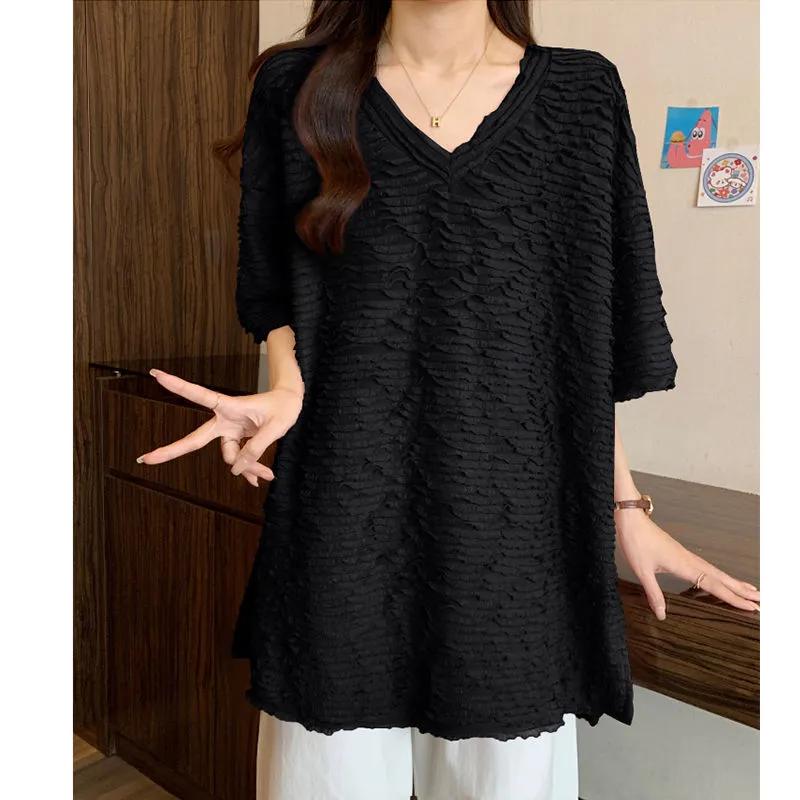 Women's Pink V-Neck Half Sleeve Textured Loose Fit Casual Tunic Blouse