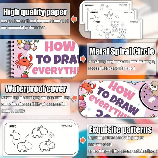 Wie man alles zeichnet 300 Zeichnungen Buch Schritt-für-Schritt-Zeichnungsbuch Tragbar Reise Kleinkinder Jungen Mädchen Pädagogisch Tier