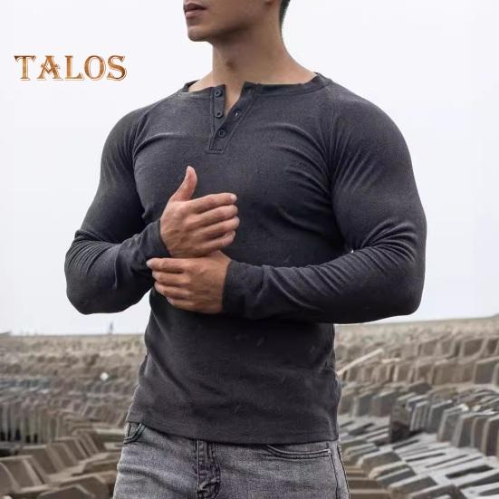 Jaro podzim pánské top s knoflíky, kulatým výstřihem, úzkým střihem, dlouhým rukávem, jednobarevný svetr, střední délka, elastické sportovní triko na jogging