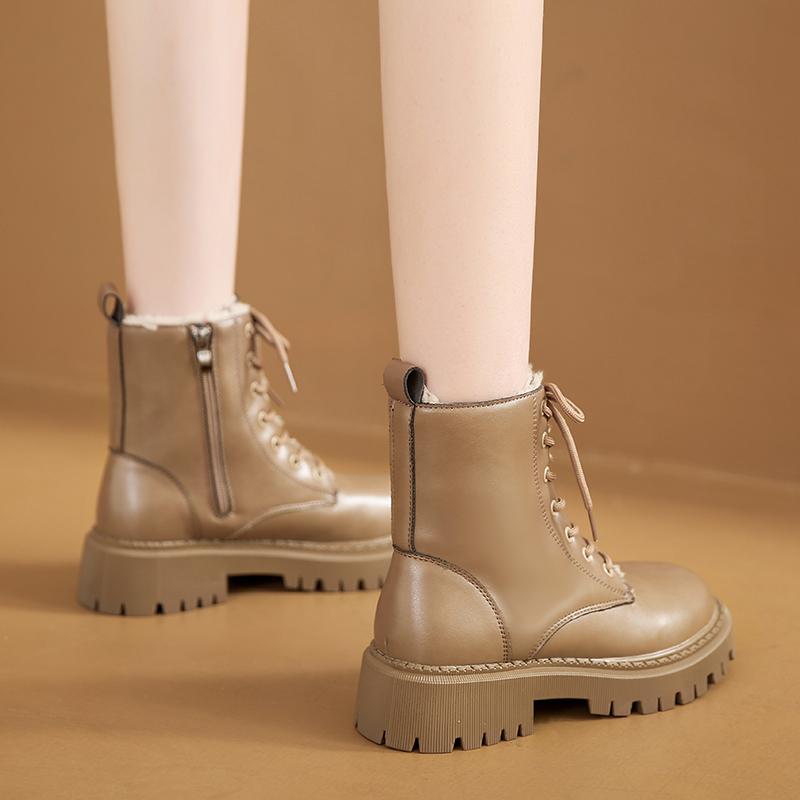 fashion Rimocy Autumn Winter Woman Ankle Boots Thick Plush Warm PU Leather Booties Woman Fashion Non Slip Lace Up Short Boots Plus Size