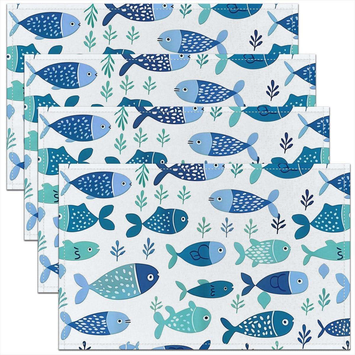 4/6/8pc Coastal Ocean Animal Fish Placemats Linen Vibrant Watercolor Sea Creature Table Mats Non Slip Washable Dinner Mats 4pcs