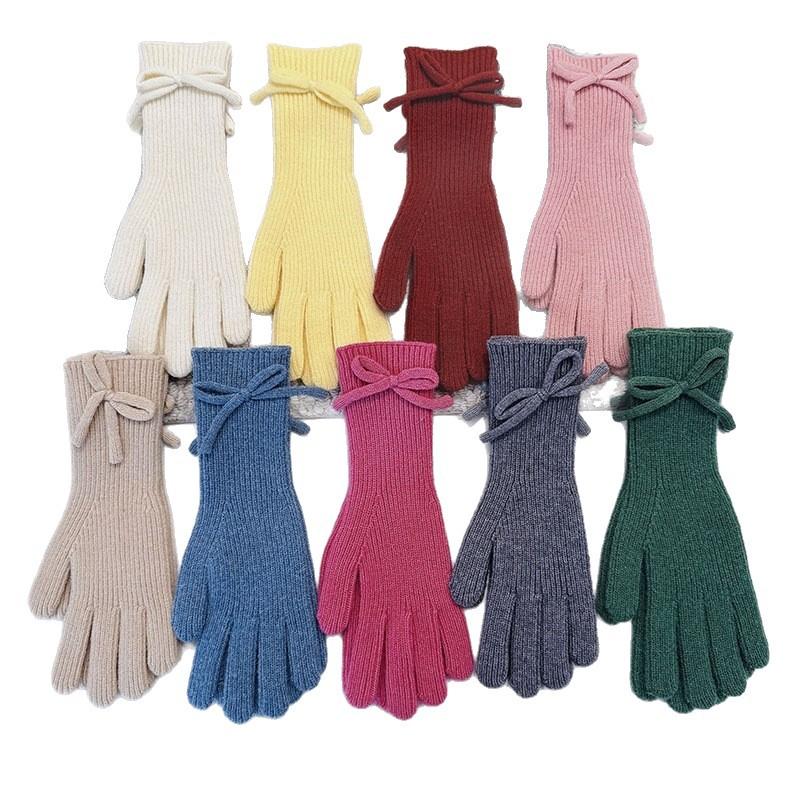 Bow Knitted Gloves Autumn and Winter Riding Can Touch the Screen To Keep Warm, Solid Color Adult Versatile Women's New Multi-color
