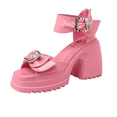 Sandali da donna con tacco alto e spesso in pelle di mucca, con cinturini con fibbia in cristallo, decorazione casual con nodo a farfalla