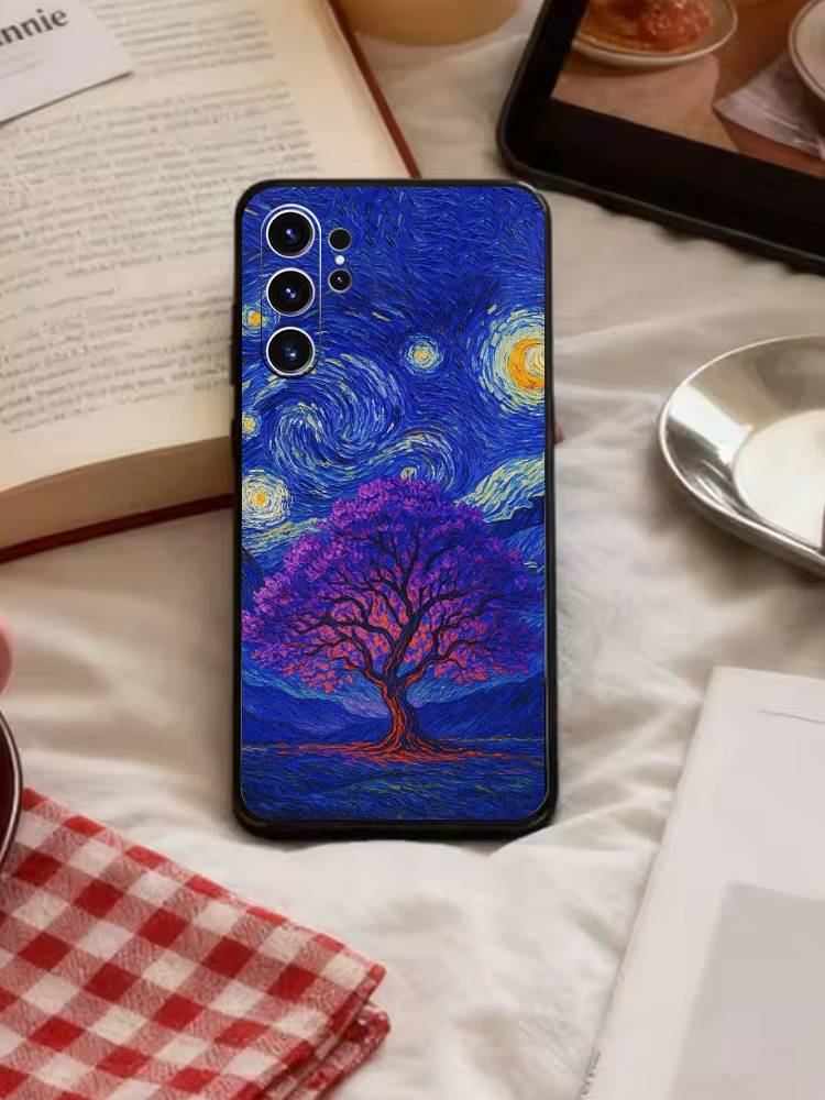 Starry Night Whimsical Landscape Phone Case For Samsung S26,S25,S24,S23,S22,S21,S20,Ultra,Plus,FE Black Soft Cover