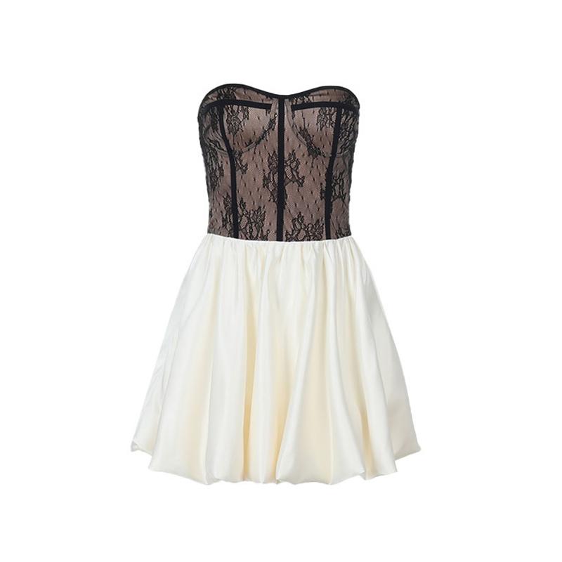 Women Splice Lace Strapless Dress Sexy Contrast High Waist A Line Puffy Mini Dresses Lady 2025 Spring Summer New Club Dress
