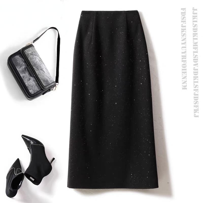 Women's High Waist Wool-Blend Sequined A-line Skirt - Autumn/Winter Slimming Bodycon with Slit