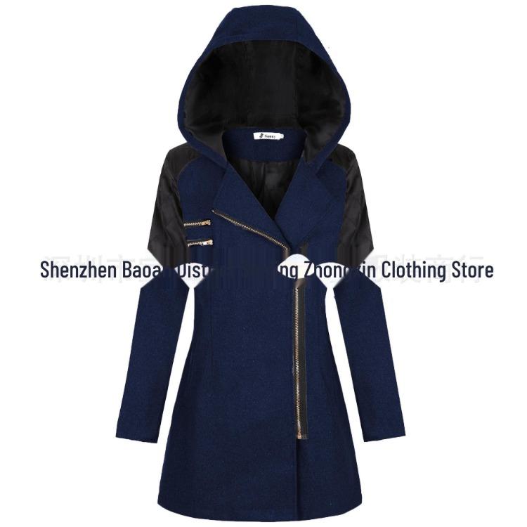 Women Hooded Mid Length Warm Windbreaker Coat with Oblique Zipper Woolen