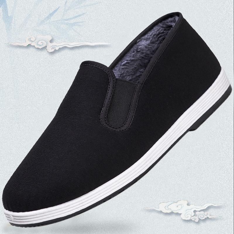 Autumn and winter old Beijing cloth shoes, piled and thickened two cotton shoes, men's beef tendon soles work, drive to keep warm, all black one pedal